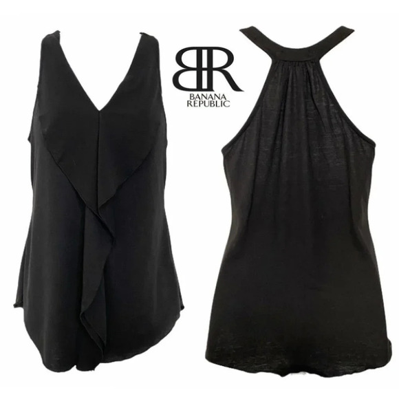 Banana Republic Black V Neck Ruffle Tank - Picture 1 of 7